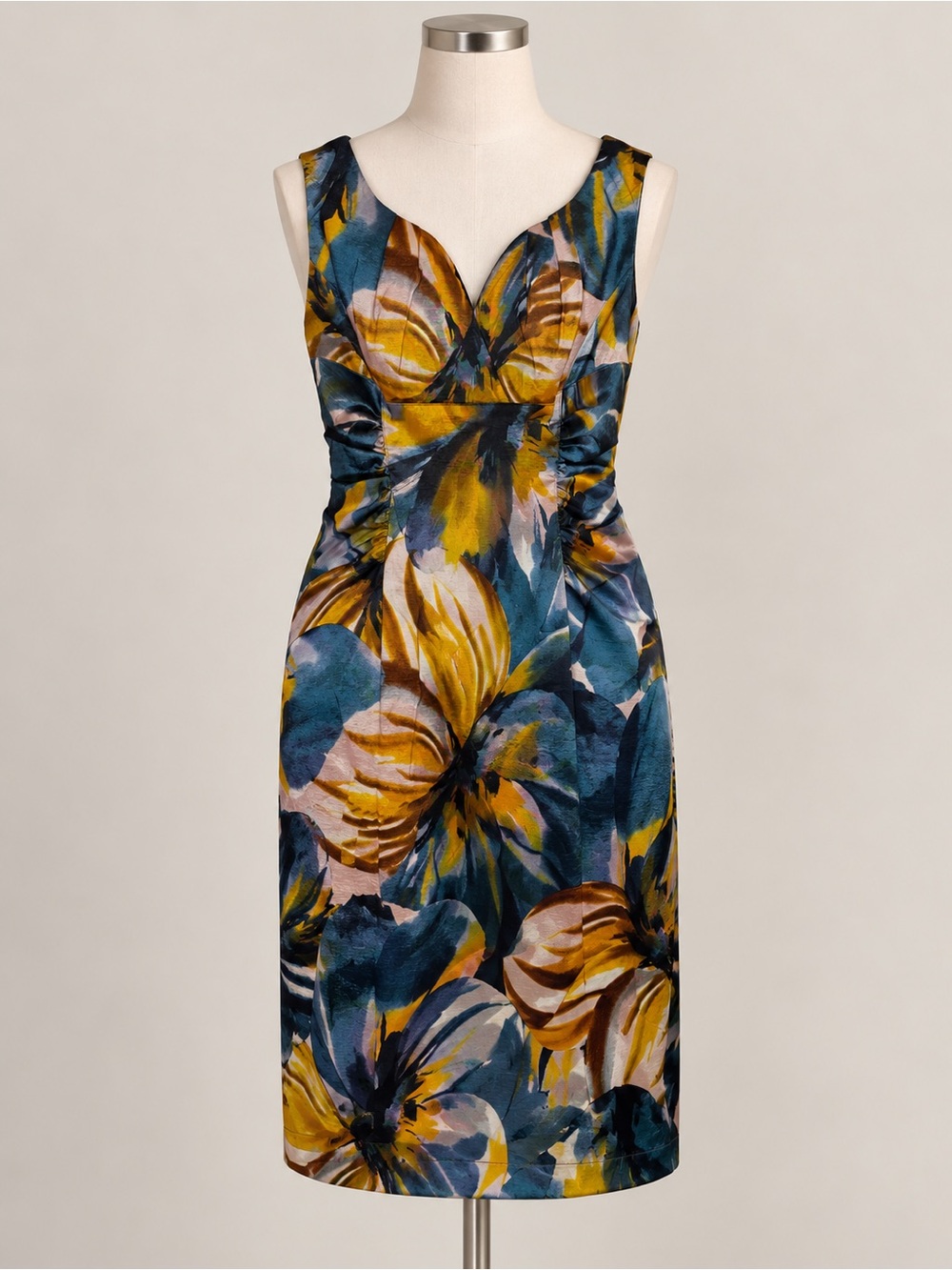 Adrianna Papell Party Dress Size 8 Blue Gold Floral Jacquard Ruched Sleeveless
